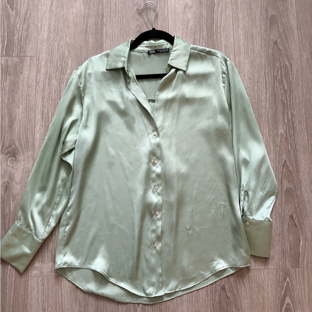 Zara pastel green silky button up shirt